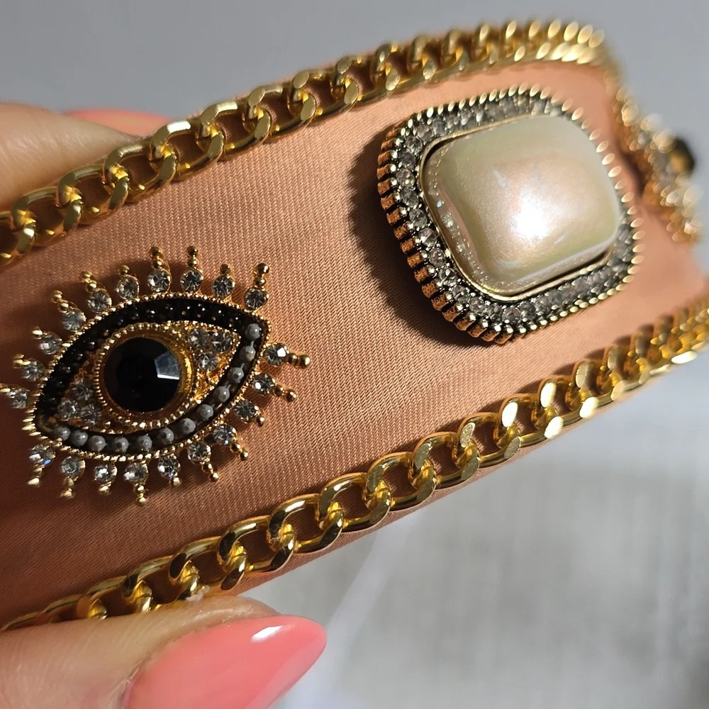 Embellished Tan Headband with Pearl And Gold  Accents - Picture 7 of 7